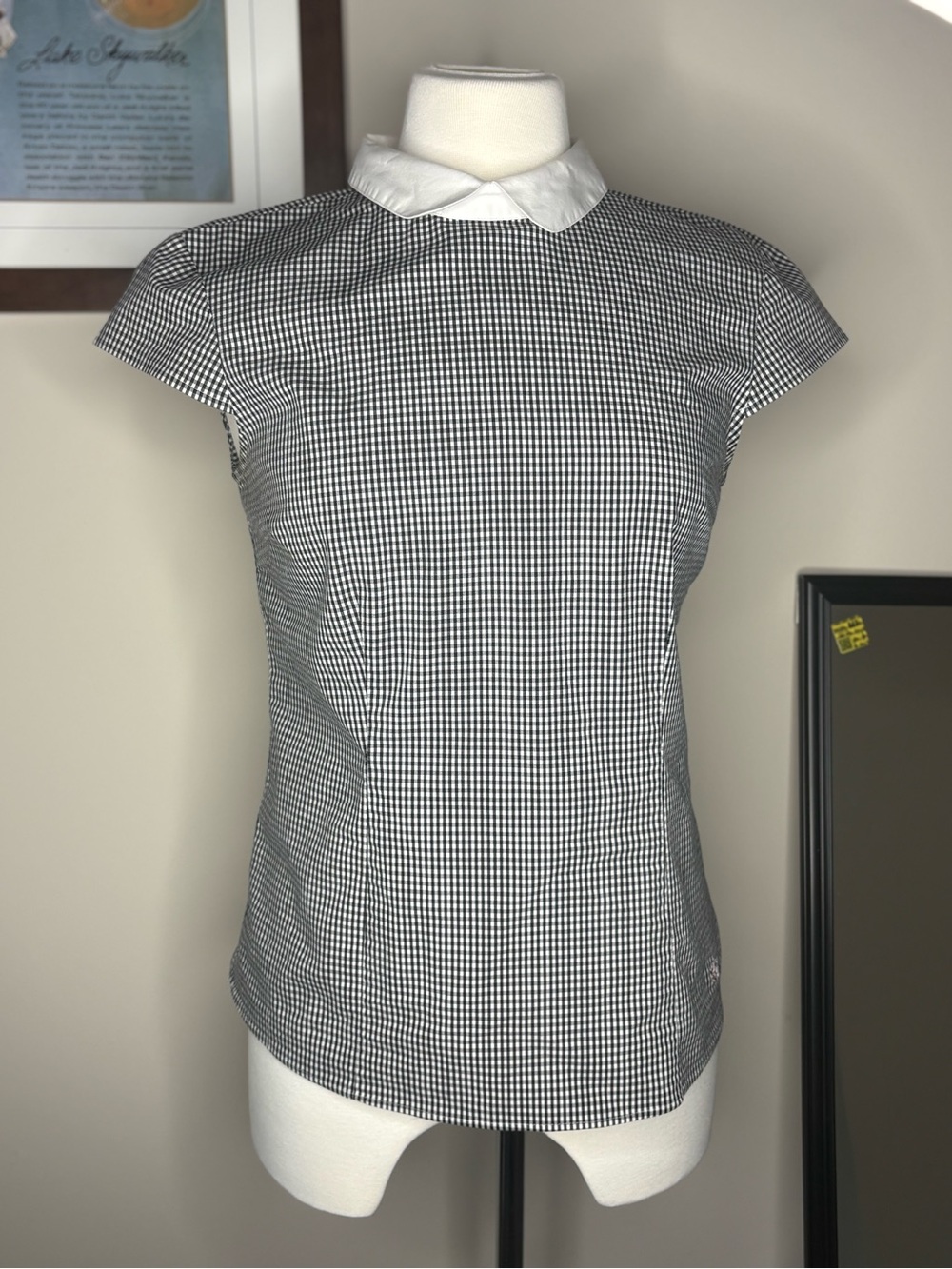Brooks Brothers Black and White Gingham Cap-Sleeve Blouse with White Collar